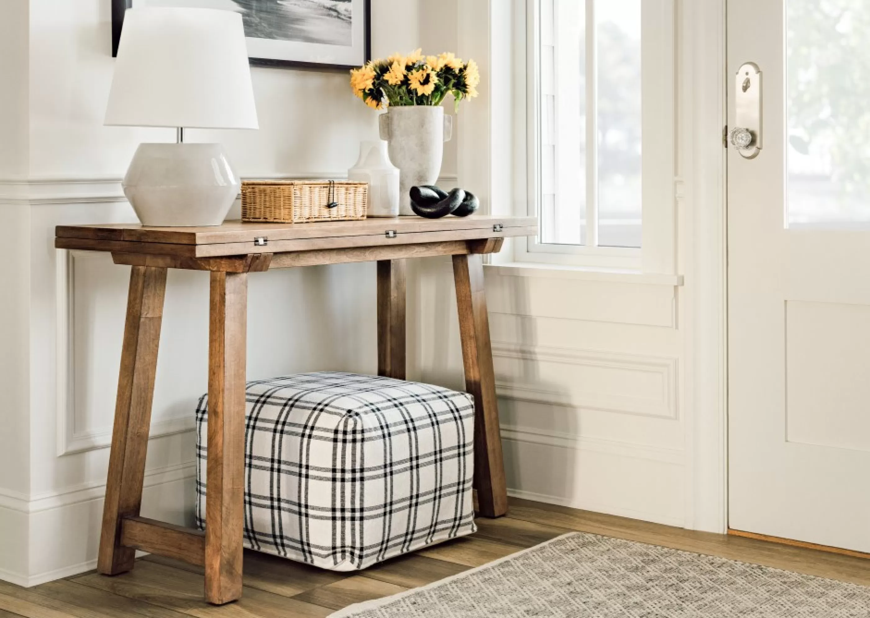 unavailable Poufs*Drew Windowpane Plaid Pouf Ivory/Blac